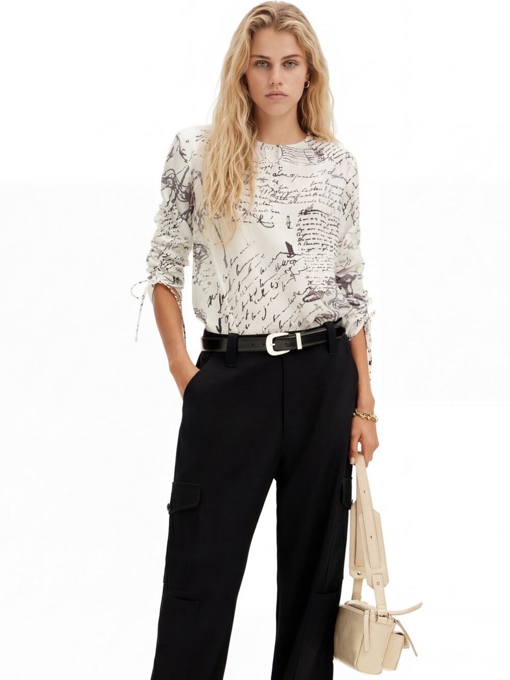 Desigual Text Print Blouse‎ with Adjustable Sleeves Size Medium